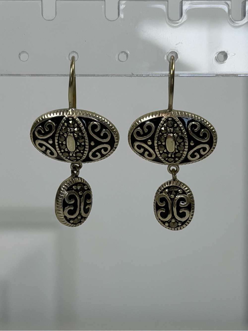 Sterling Silver 925 Deco Black Onyx Marcasite Oval Dangle Drop Earrings Vintage